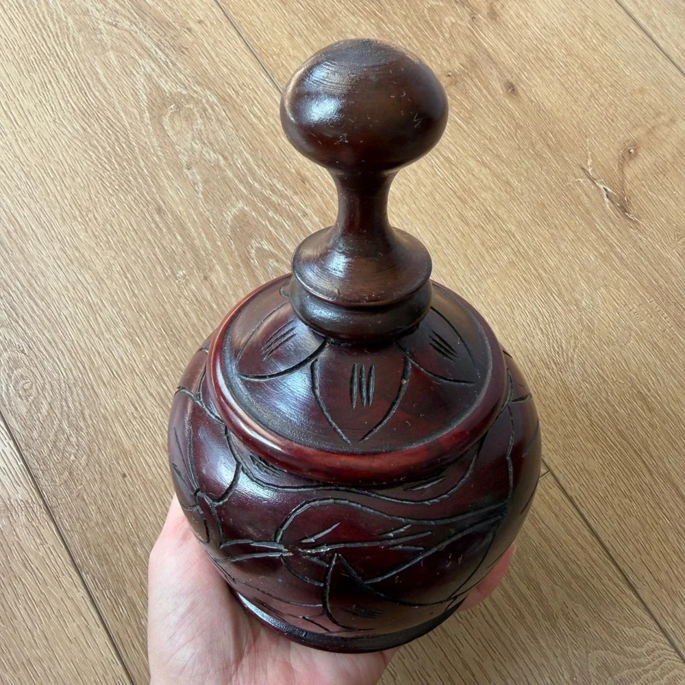 Vintage Hand Carved Wooden Jar with Lid Floral Etched Decorative Vessel Brown
